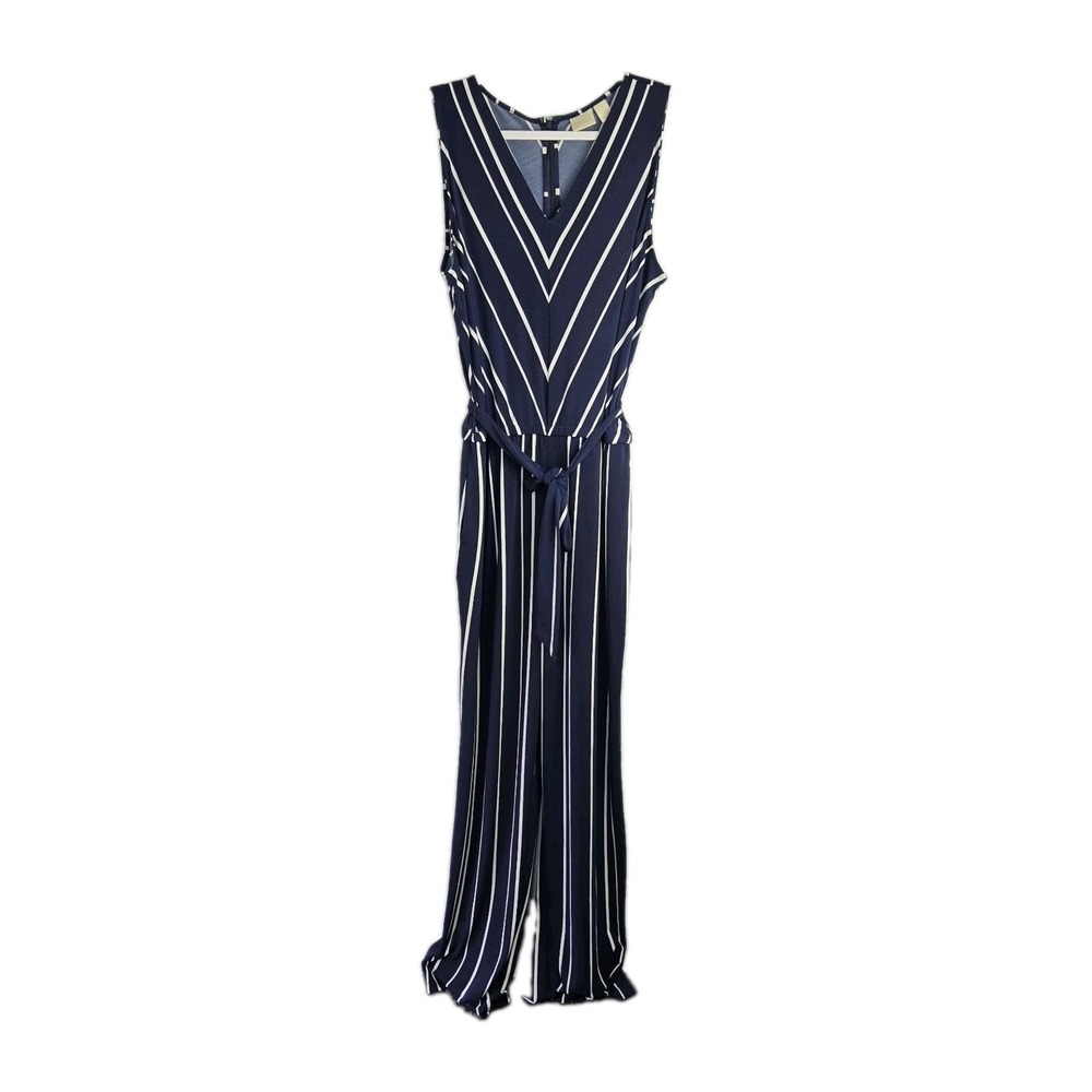 Chicos Collection Striped Belted Jumpsuit Womens Large Navy Jersey Knit Office